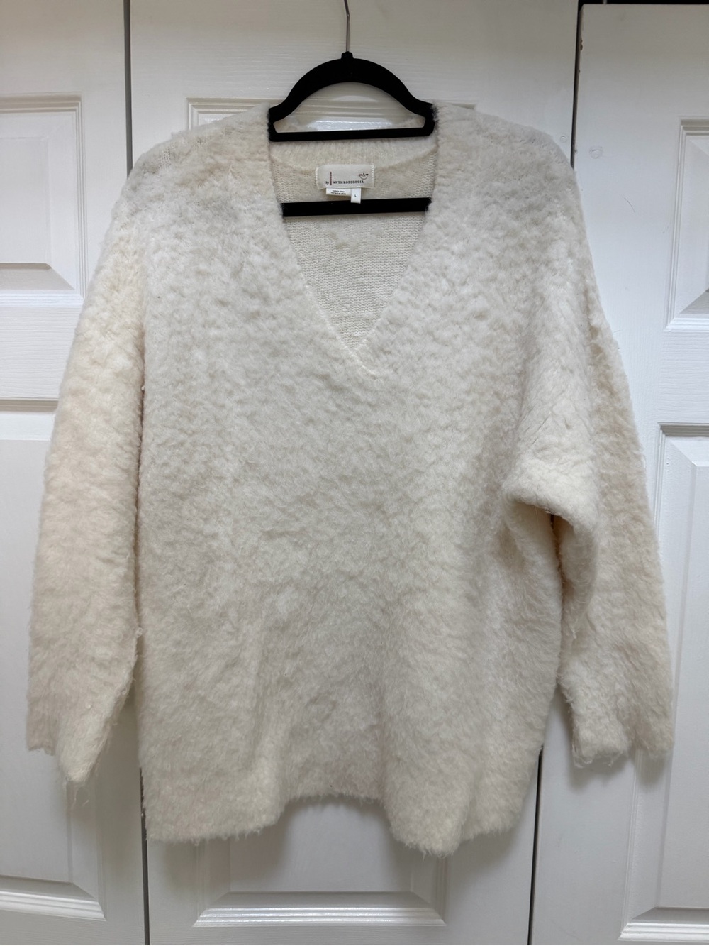 Anthropologie Cream Fuzzy V-Neck Sweater